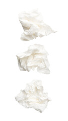 Top view set of screwed or crumpled tissue paper ball after use in toilet or restroom isolated with clipping path in png file format