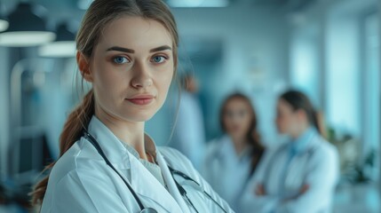 Fototapeta premium Female doctor standing in hospital office with colleague in the background Portrait of a physician working in a studio setting Concept of healthcare and medicine