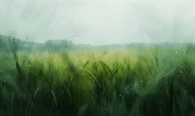 It's raining outside and a raindrop falls on the bokeh background .Lush green grass meadow natural green field closeup
