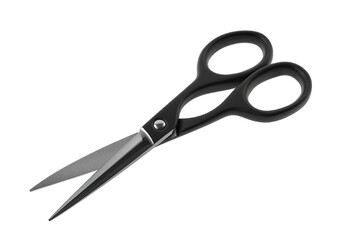 A pair of black-handled scissors on a white background. Ideal for cutting paper or fabric in office, school, or home settings.