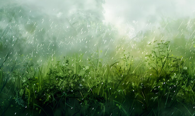 spring Beautiful nature background with grass and morning dew. Sunbeams of the morning sun with water drops Concept for nature and environment.