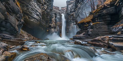 Majestic waterfall in canyon | Powerful river cascade
