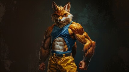 Anthropomorphic muscular fox wearing a blue shirt and yellow pants in a dark environment. Digital art concept. Strength and power concept for design and print.