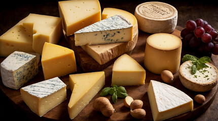 world of gourmet cheese with close-up shots of premium cheese varieties. Highlight the creamy, aged, and soft textures