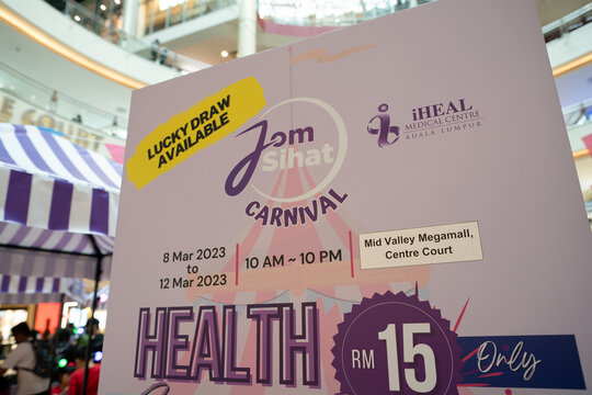 KUALA LUMPUR, MALAYSIA - MARCH 11, 2023: close up shot of Jom Sihat Carnival poster as seen inside Mid Valley Megamall in Kuala Lumpur.