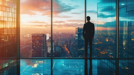 A man in a suit gazes through azure-tinted glass, captivated by the electric blue sky and the symmetrical skyscrapers towering in the cityscape. AIG41