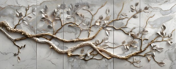 Marble Branch Wall Art. 
Elegant Marble Background with Leaves.
Branch and Marble Wall Deco