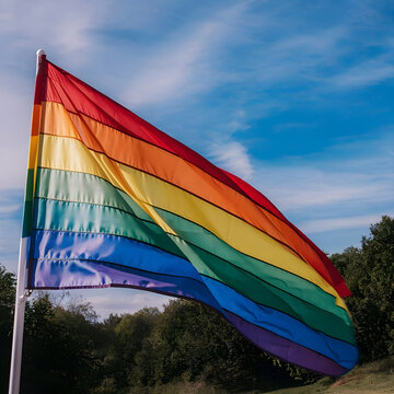 Pride flag and hands with a heart sign for love, equality and solidarity of a gay couple