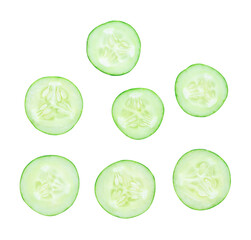 Top view set of green cucumber slices scattering isolated with clipping path in png file format