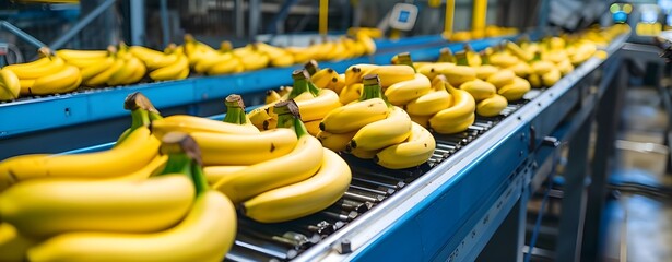 Banana Packaging Line Conveyor Belt at Factory. Efficient Banana Packaging Line. 
Industrial Conveyor Belt for Bananas. 
Streamlined Factory Packaging Process