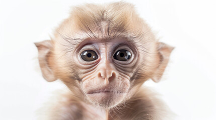 portrait cute baby monkey ape orang utan face with beautiful eyes looking front isolated on white background