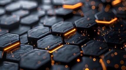Fototapeta premium Luxury hexagonal abstract black metal background with golden light lines. Dark 3d geometric texture illustration. 