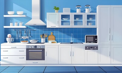 Blue Bliss Modern Kitchen with Island. 
Sleek and Chic Blue Kitchen Interior