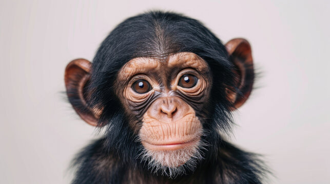 portrait cute baby monkey ape orang utan face with beautiful eyes looking front isolated on white background
