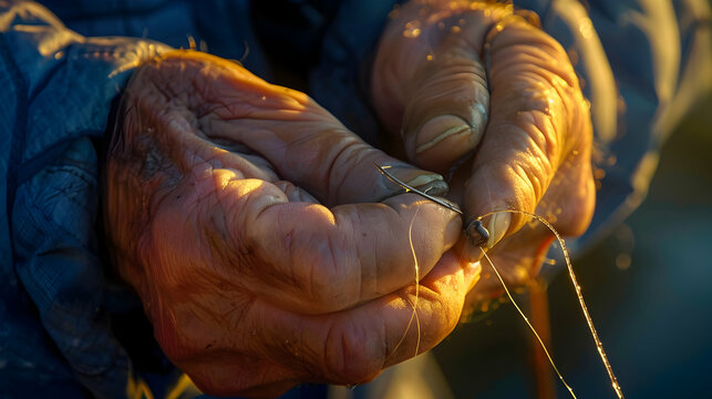 Close-up of a fisherman's hands baiting a hook, with light casting detailed shadows and highlighting the textures of the bait and hook.