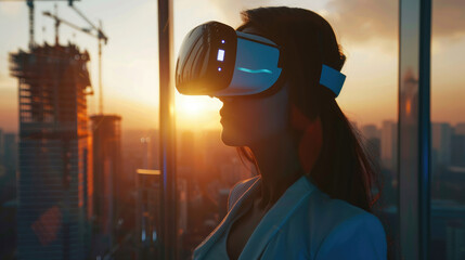 beautiful woman wearing futuristic vr virtual reality headset in the middle of futuristic office with cranes on the background of city and tall buildings with bright light