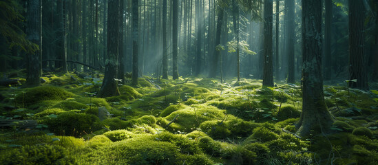 A forest with a lot of moss and trees - Powered by Adobe