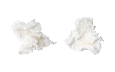 Top view set of screwed or crumpled tissue paper ball after use in toilet or restroom isolated on white background with clipping path