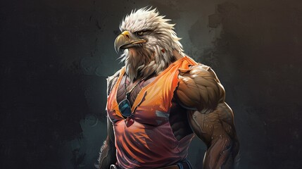 Anthropomorphic muscular eagle wearing an orange tank top in a dark environment. Digital art concept. Strength and avian concept for design and print.