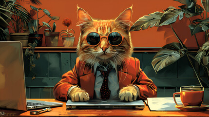 illustration of a cat in a suit and tie, complete with sunglasses, sitting at a desk with a laptop and a cup of coffee, in a modern office setting.