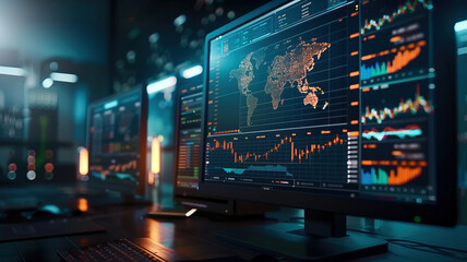 Stock market data on computer screen showing financial graphs and analytics. Evening setting in office with warm lighting enhances focus