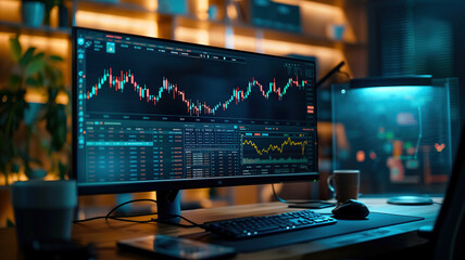 Stock market data on computer screen showing financial graphs and analytics. Evening setting in office with warm lighting enhances focus