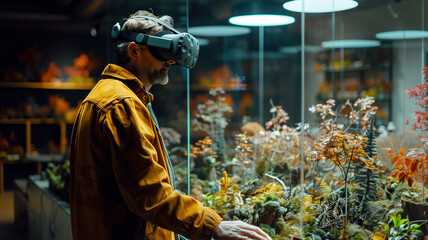Man with VR headset in greenhouse using technology to enhance plant care. Surrounded by various plants, he explores virtual reality for gardening