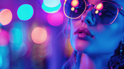 Beautiful young party dance woman face with various colors and lights with deep house disco music night blend gradient violet pink purple background
