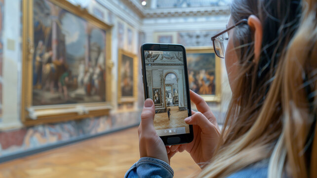 Smartphone capturing museum exhibit in a grand hall, blending technology with art appreciation, highlighting modern ways of experiencing history