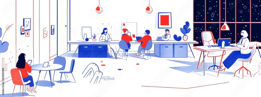 Poster busy modern office space with desks computers and employees working together in a collaborative envi