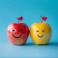 Two couple apple with smiley faces on a desk. International Friendship Day Concept.