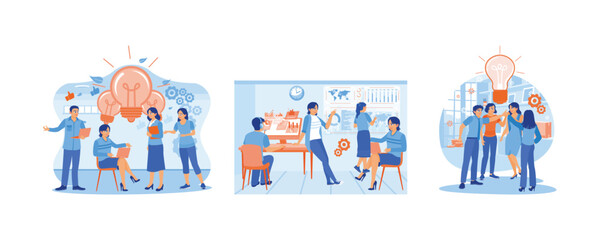 Office workers have a meeting. Exchange ideas for new projects. Looking for solutions to success. Brainstorming concepts. Set flat vector illustration.