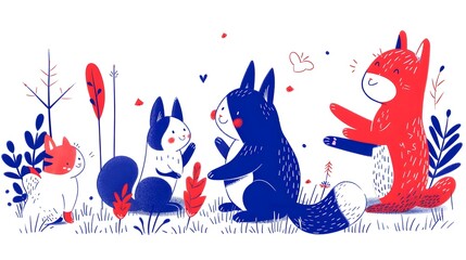 Cute Cartoon Animals Playing in a Vibrant Meadow Filled with Whimsical Foliage and Foliage