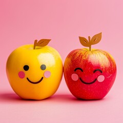 Two couple apple with smiley faces on a desk. International Friendship Day Concept.