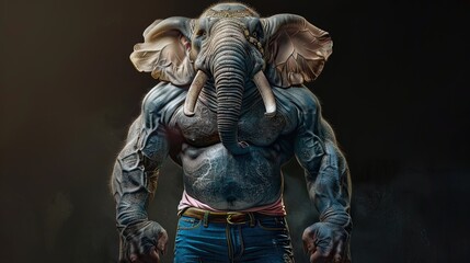 Anthropomorphic muscular elephant wearing jeans in a dark environment. Digital art concept. Strength and power concept for design and print.