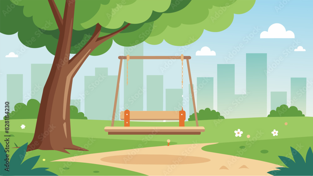 Poster a simple bench swing hanging from a tree in a bustling city park providing individuals with a chance