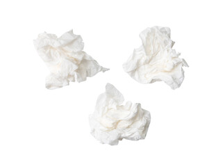 Top view set of screwed or crumpled tissue paper ball after use in toilet or restroom isolated on...
