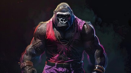 Anthropomorphic muscular gorilla wearing a red tank top in a dark environment. Digital art concept. Strength and power concept for design and print.