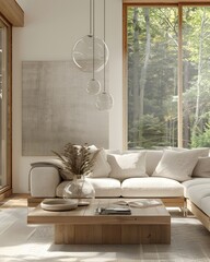 A wooden sofa in light gray and white fabric, large oak coffee table with clear glass top, hanging transparent chandelier made of glass spheres over the couch, modern interior design style