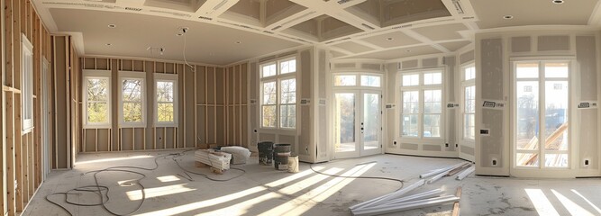 Interior construction of a home building with freshly painted walls and patched drywall