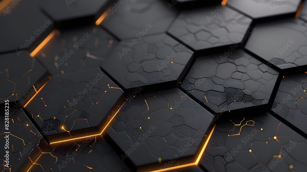 Canvas Prints luxury hexagonal abstract black metal background with golden light lines. dark 3d geometric texture 