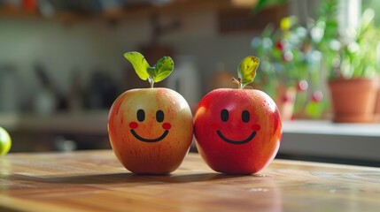 Two couple apple with smiley faces on a desk. International Friendship Day Concept.