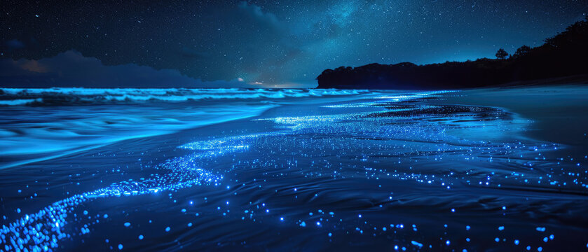 the sparkling blue light of the beach tears the sea fireflies shining on the beach sand and the calm waves crashing 