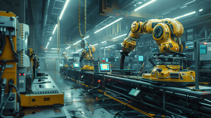 A factory with robots working on a conveyor belt