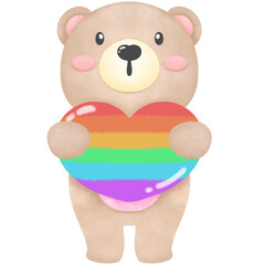 Naklejka premium Drawing of a brown bear hugging a heart igbtq