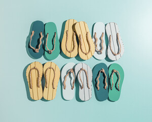 Female summer shoes sandals as creative minimal pattern with hard shadow, blue green yellow flip flops on turquoise gradient color background. Aesthetic trend summer fashion concept, life style