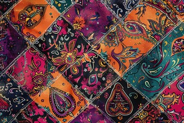 A patchwork quilt with a variety of colors and patterns, including flowers