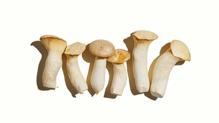 Pleurotus eryngii white mushrooms with shadows, edible fungus as minimal flat lay on white background, top view pastel colored still life from raw mushroom at hard light, alternative proteins