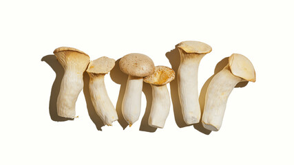 Pleurotus eryngii white mushrooms with shadows, edible fungus as minimal flat lay on white...