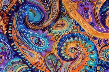 Detailed view of a vibrant, patterned patchwork quilt with both abstract and floral design elements. Artisanal, textile art concept.